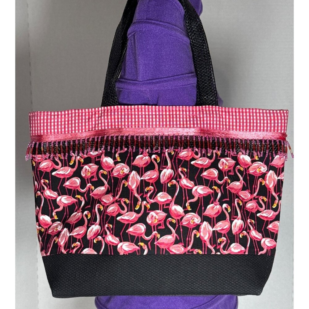 Pink Flamingo Beaded Small Tote Handbag Hook & Loop Closure